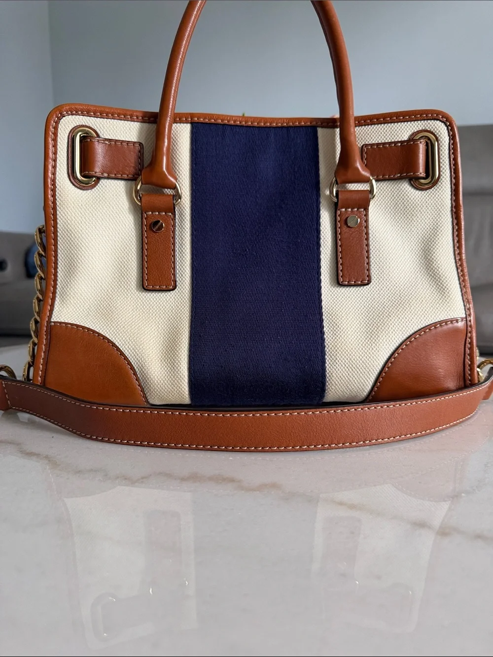 Michael Kors Cream & Navy Stripe Canvas Satchel with Tan Trim